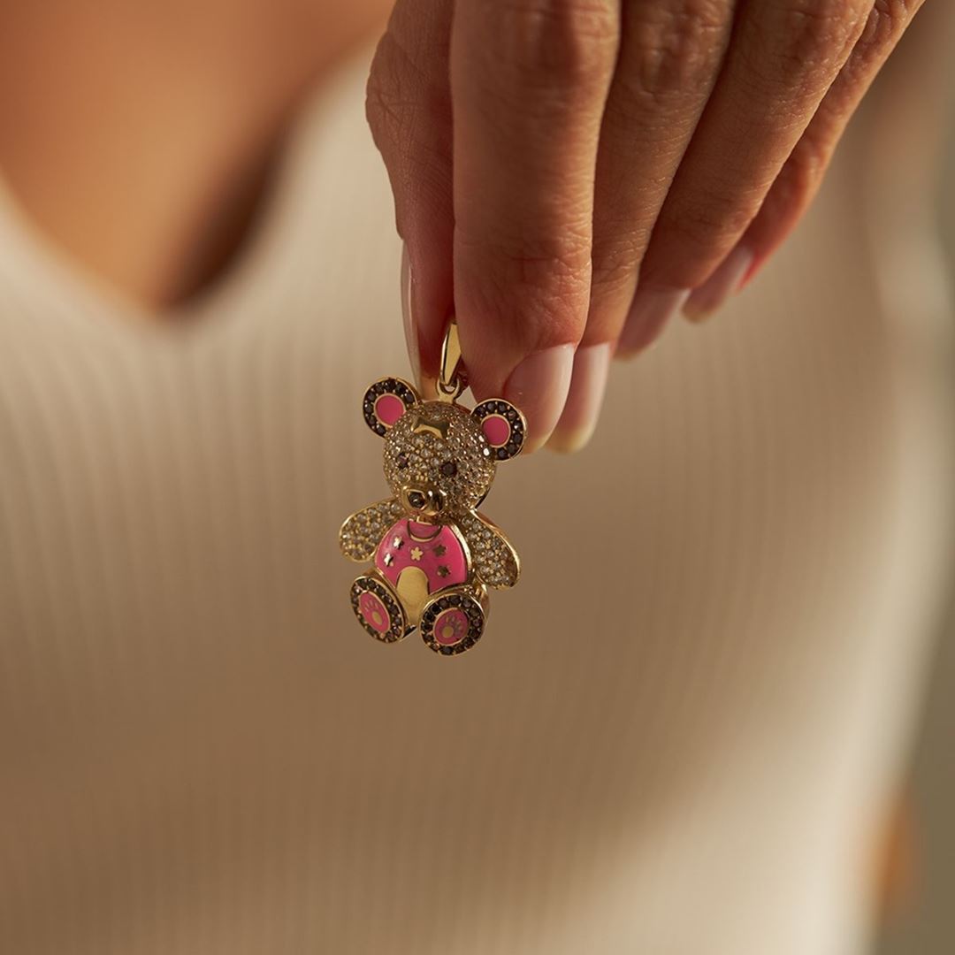 Pembe Mineli Taşlı Ayıcık Altın Kolye Ucu