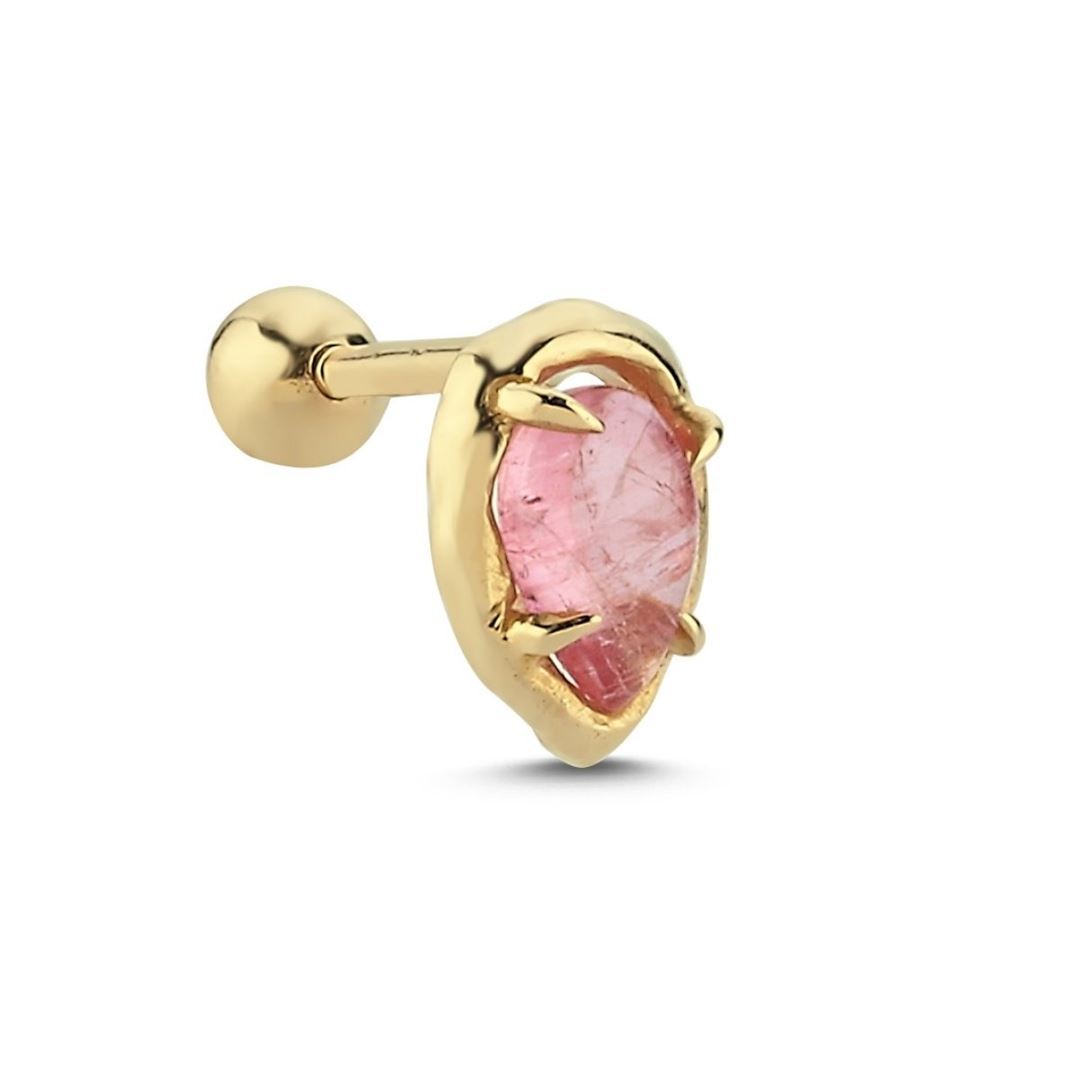Oval Pembe Taşlı Altın Tragus Küpe
