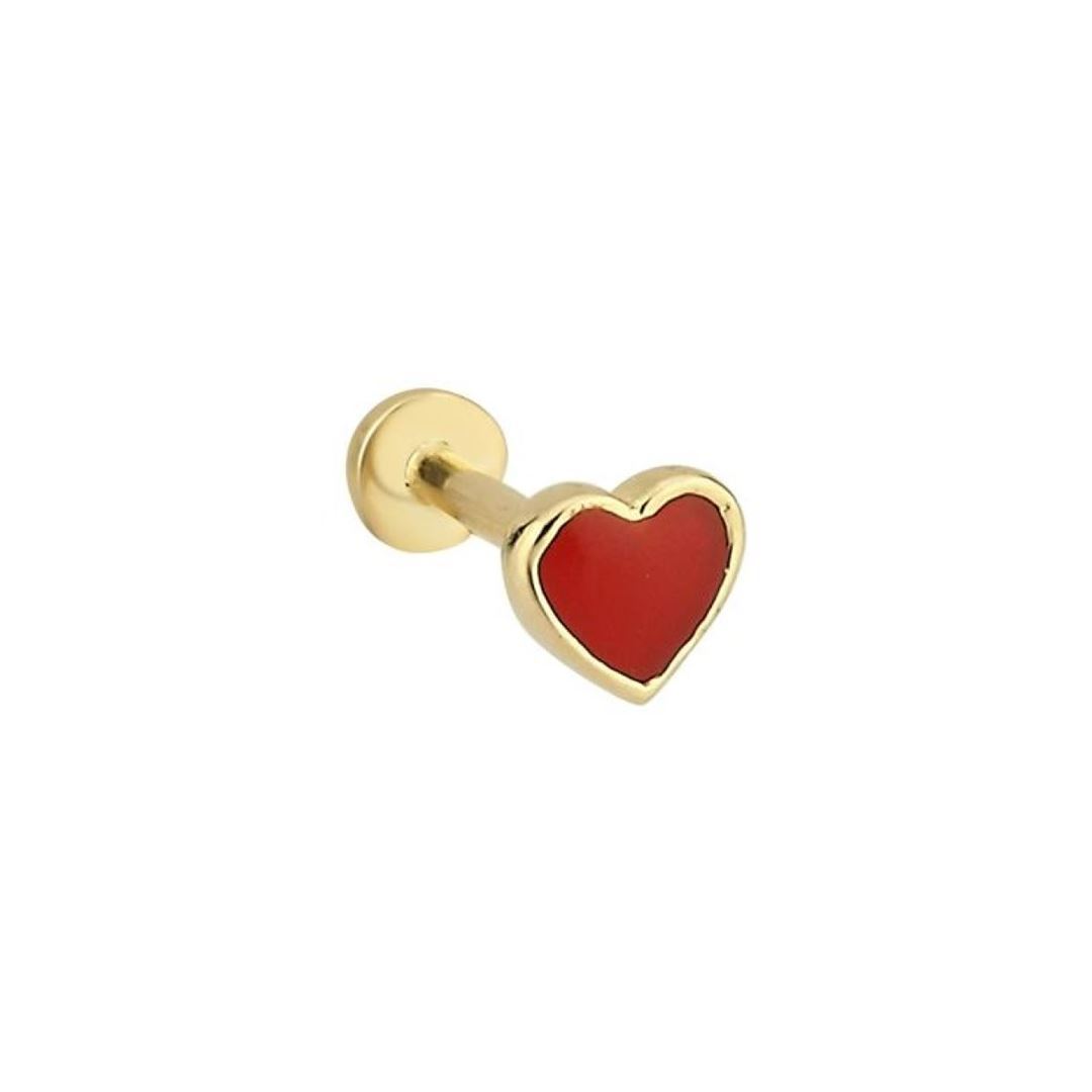 Kırmızı Mineli Altın Kalp Tragus Küpe