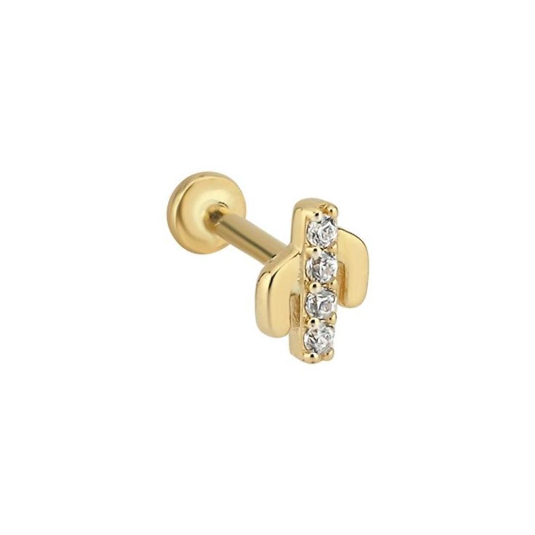 Ortası Taş Dizili Kaktüs Figürlü Altın Tragus Küpe