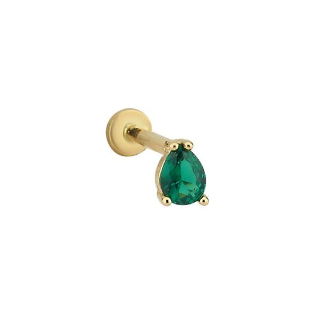 Yeşil Taşlı Damla Altın Tragus Piercing