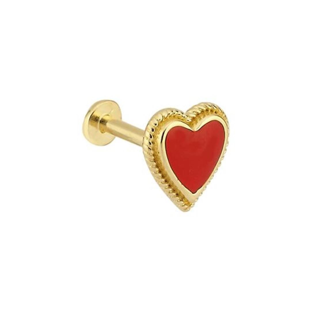 Kırmızı Mineli Altın Kalp Figürlü Tragus Küpe