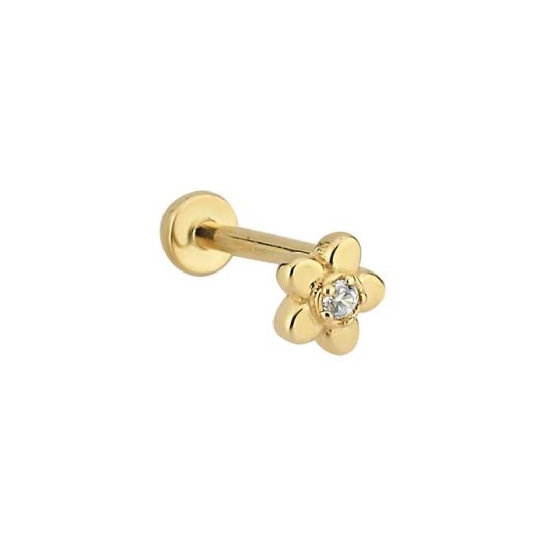 Ortası Tek Taşlı Çiçekli Altın Tragus Küpe