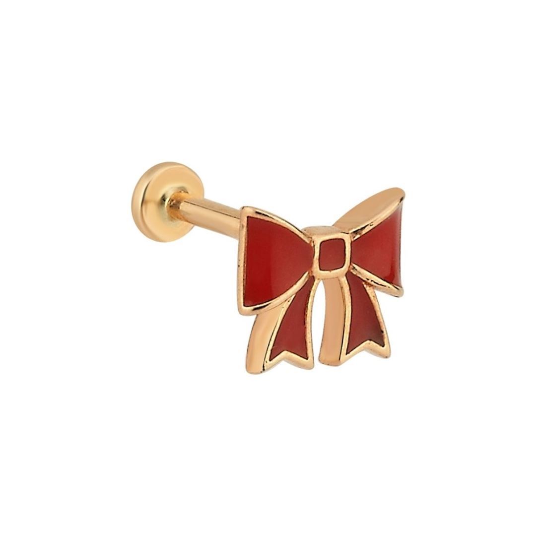 Kırmızı Mineli Kurdele Figürlü Altın Tragus Küpe