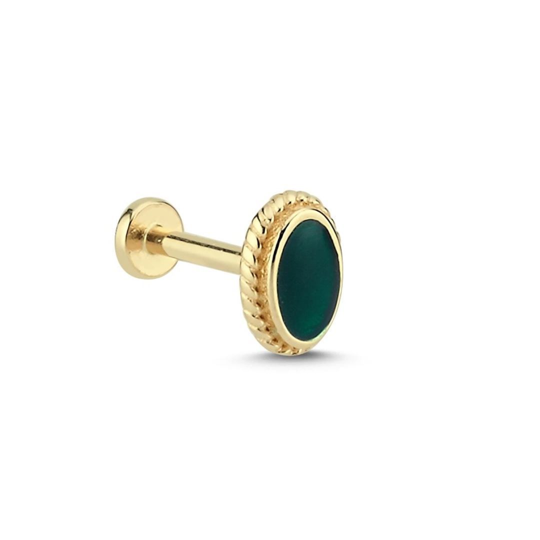 Koyu Yeşil Mineli Etrafı Burgu Model Altın Tragus Küpe