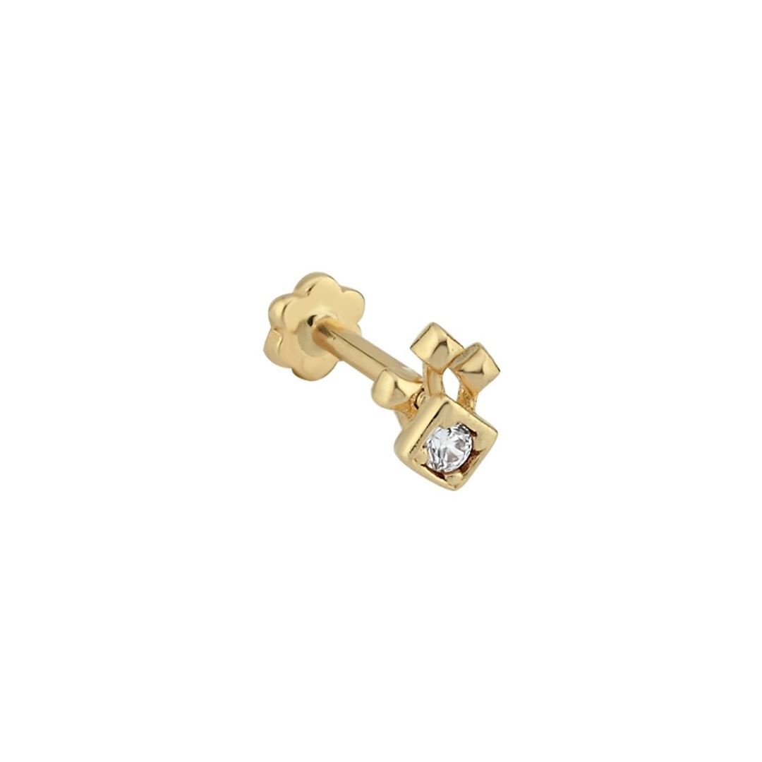 Taşlı Kare Altın Tragus Küpe