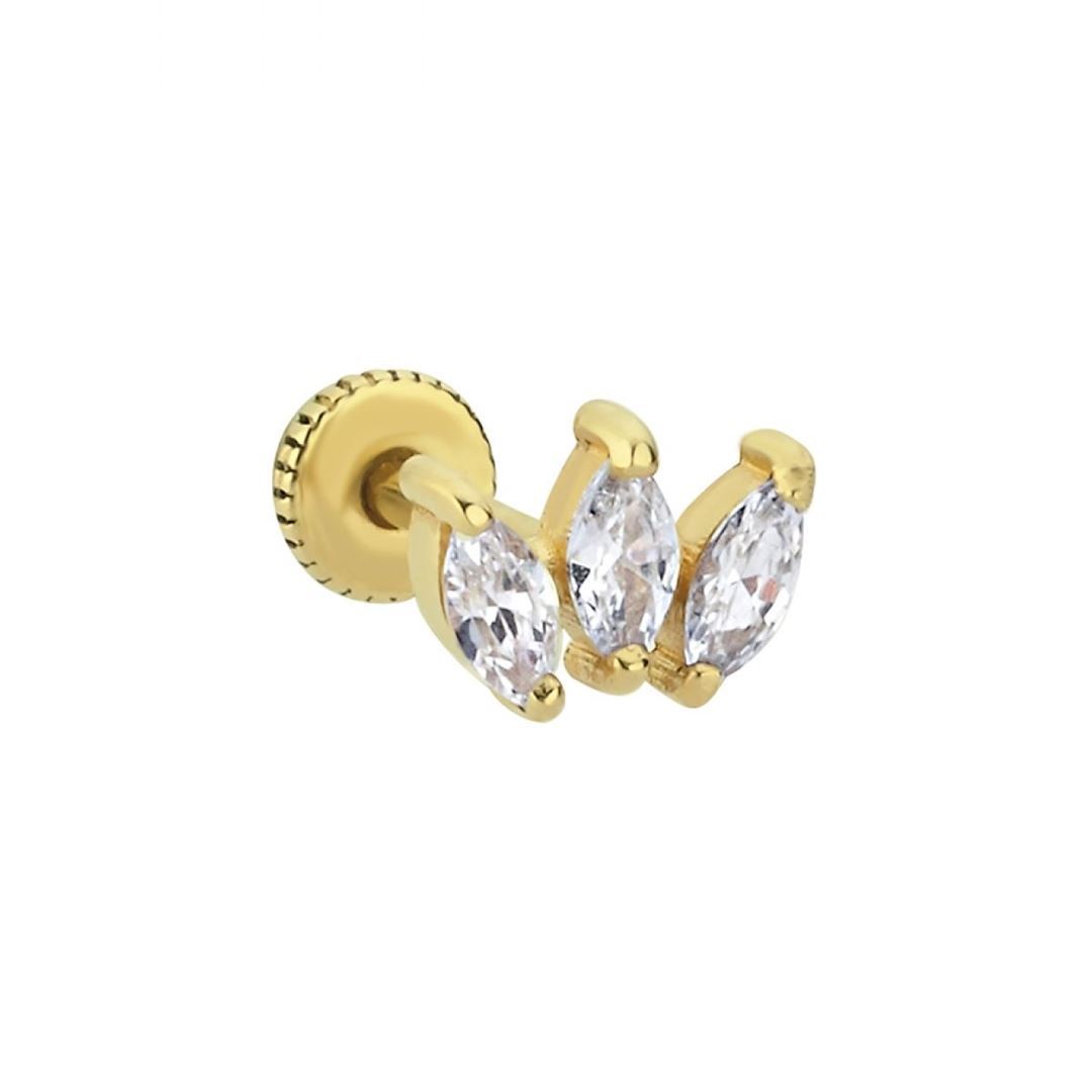 Üçlü Damla Taşlı Altın Tragus Piercing