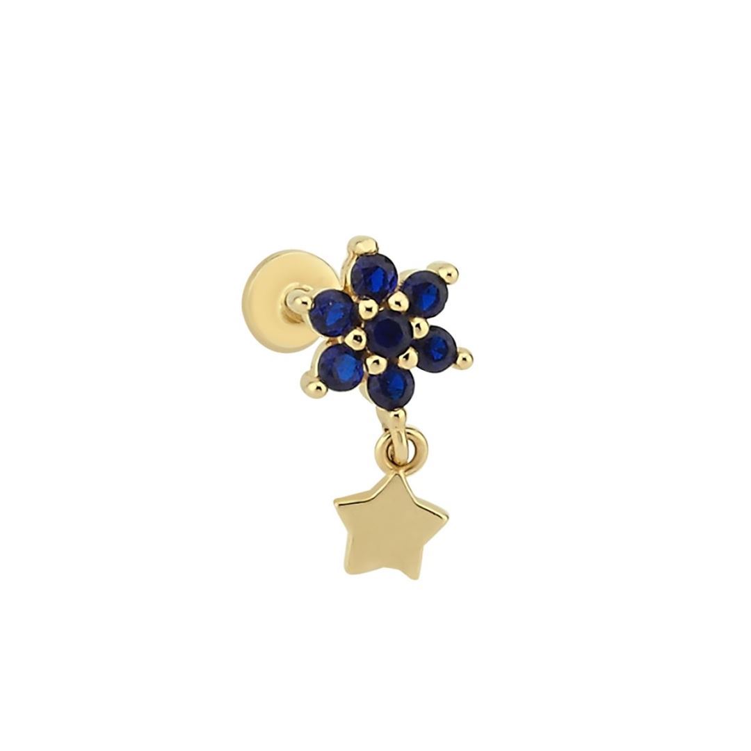 Lacivert Taşlı Çiçek Figürlü Yıldız Sallantılı Altın Tragus Küpe